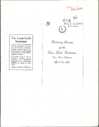 Dedicatory exercises of the Loma Linda Sanitarium Loma Linda California, April 15,1906 (program) (2 copies) Thumbnail