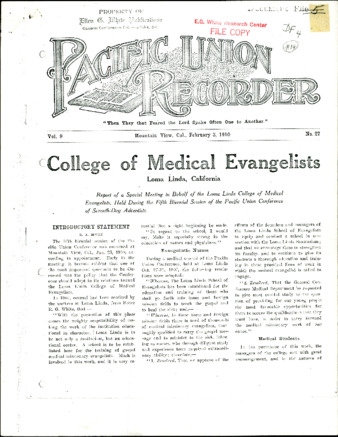 College of Medical Evangelists Loma Linda, California: special meeting in behalf of the Loma Linda College of Medical Evangelists held during the fifth biennial session of the Pacific Union College (report, Pacific Union Recorder, Feb 3, 1910) miniatura