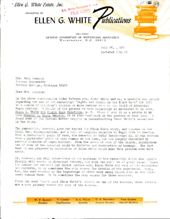 Letter to Mrs. Hedy Jemison from Ron Graybill, Jul 1971, about use of the manuscript Lights and shades in the black belt  Thumbnail
